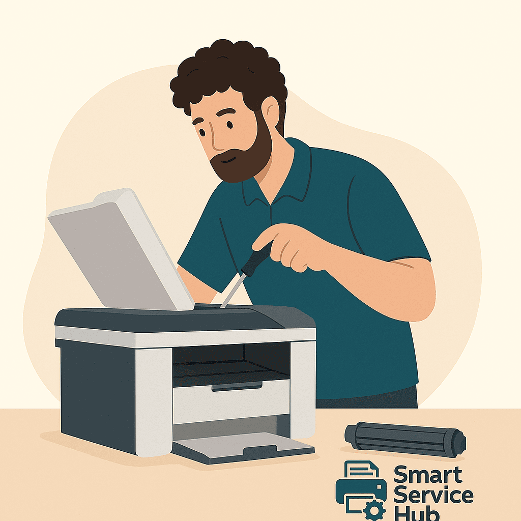 Technician performing Ottawa printer repair service on office equipment